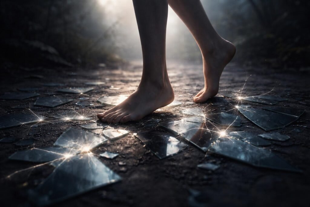 Mezítláb sétáló lábak törött tükrök szilánkjain, érzelmi küzdelem.