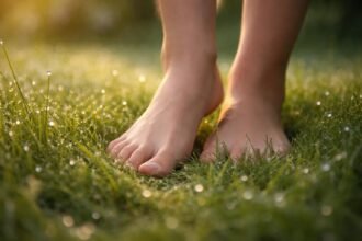 Mezítláb járás harmatos fűben frissesség és természet érintése