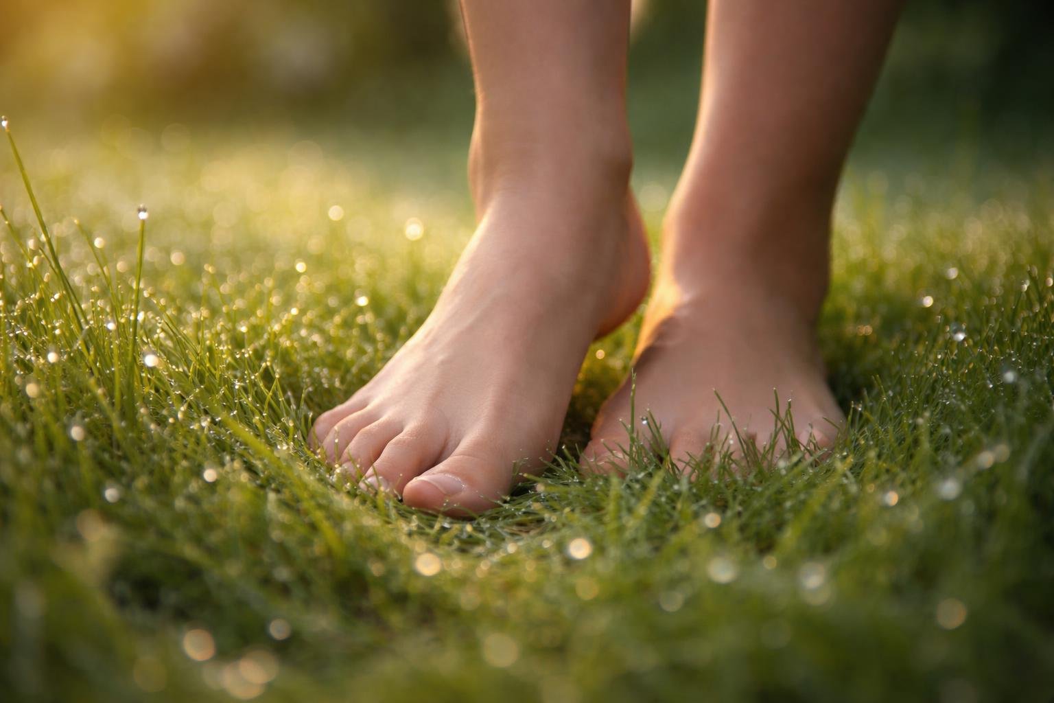 Mezítláb járás harmatos fűben frissesség és természet érintése