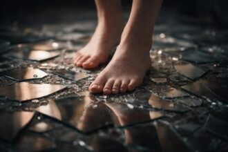 Mezítlábas ember jár törött tükör szilánkjain, múlt fájdalmai között