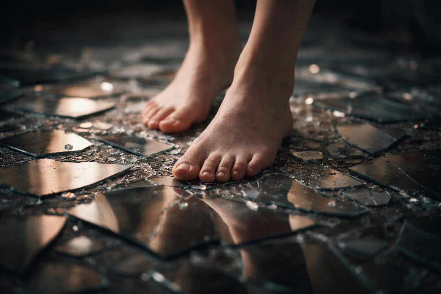 Mezítlábas ember jár törött tükör szilánkjain, múlt fájdalmai között