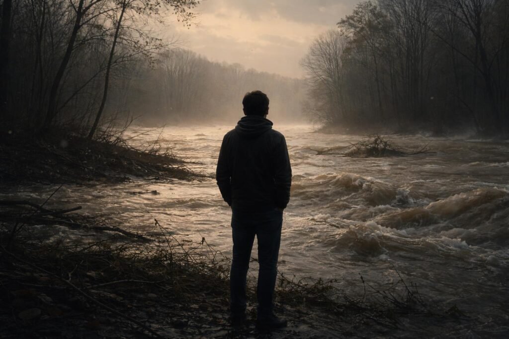 Tavaszi árvíz parton, érzelmi vihar jele