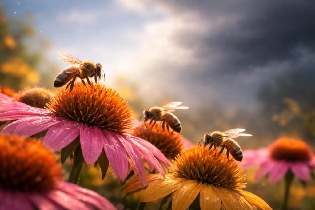 Méhek virágokon szorgalmat és sikeres munkát jelképeznek