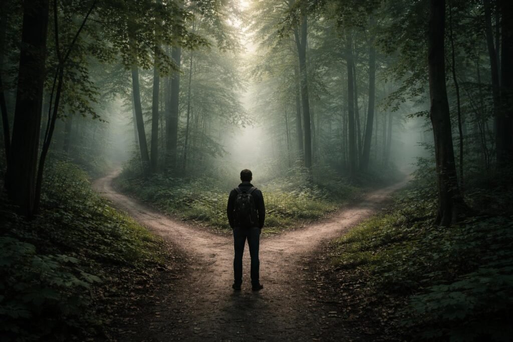 Zöldellő erdőben eltévedt személy gondolkodik az útkeresésről