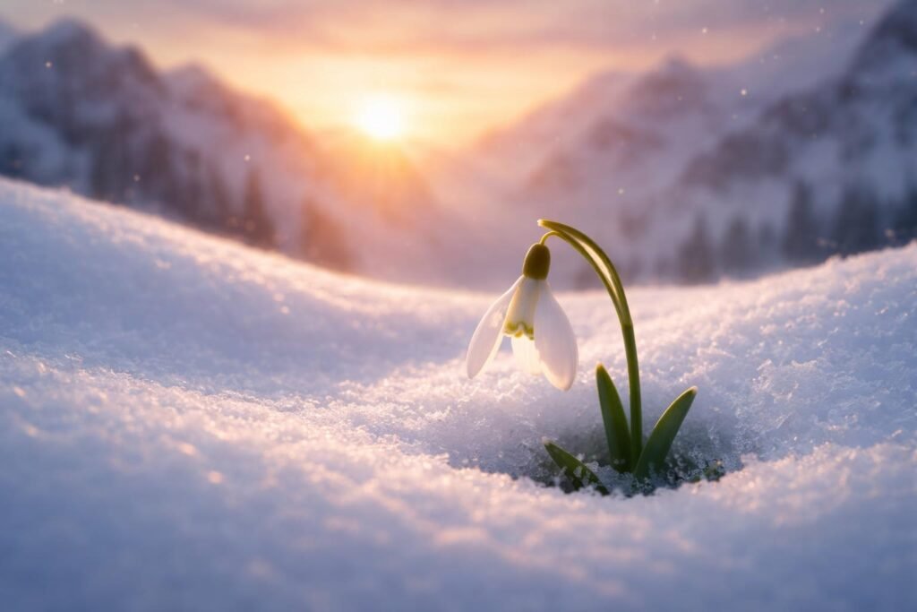 Hóvirág virágzik a hó alatt, jelképezve kitartást és reményt