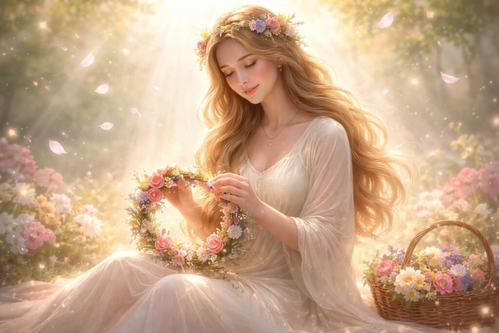 Virágkoszorú fonás álomban, gyógyulás és belső harmónia jelképe
