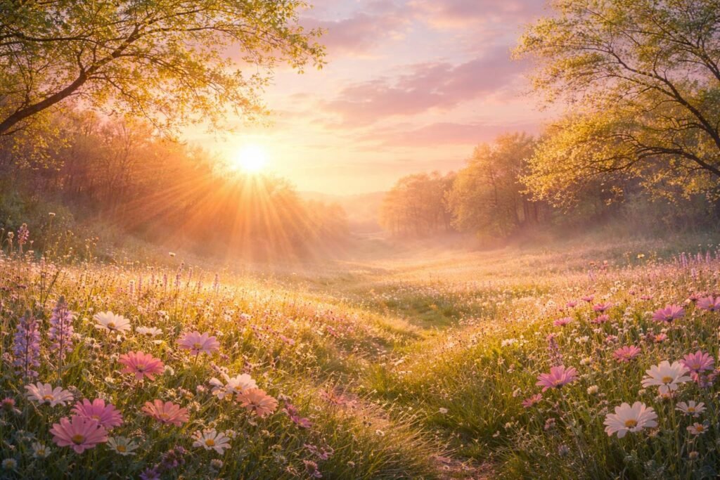 Tavaszi napfelkelte, színes ég, új kezdet reménnyel