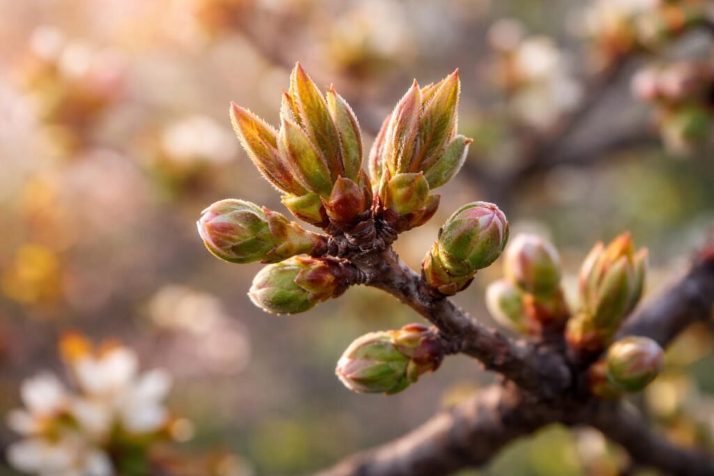 Rügyező faágak tavaszi ködben, a természet megújulása