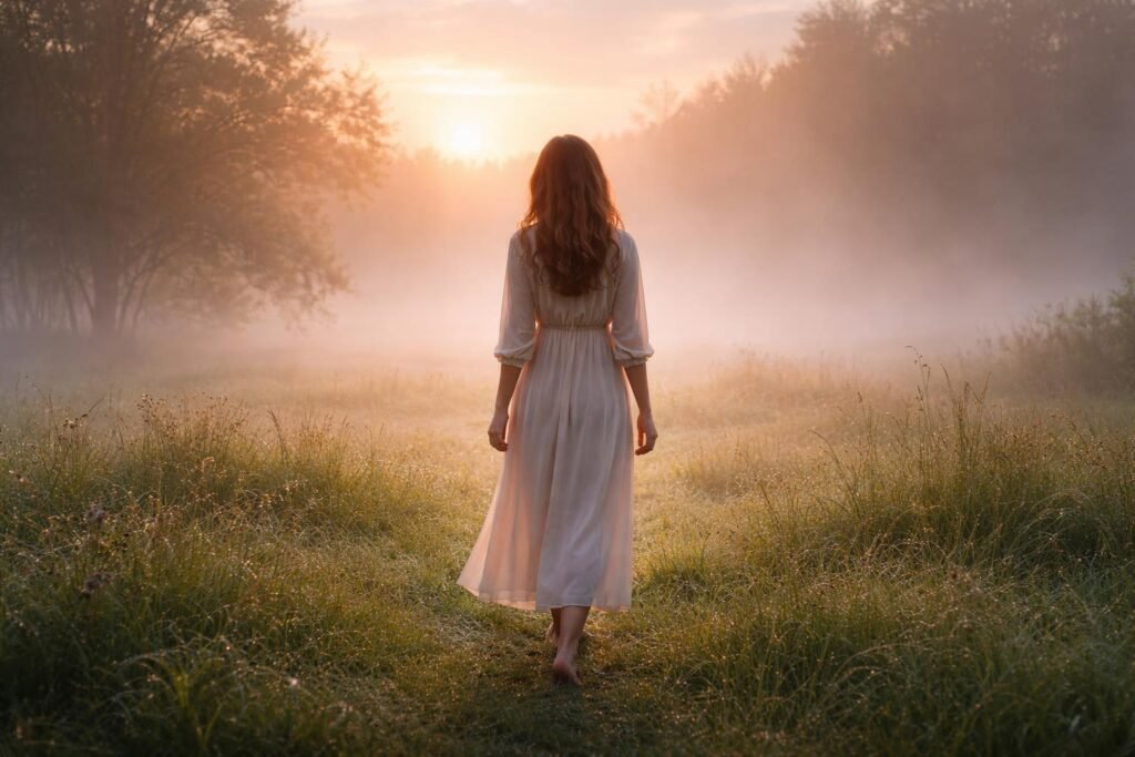 Mezítláb járás harmatos fűben, érzelmi egyensúly jelképe