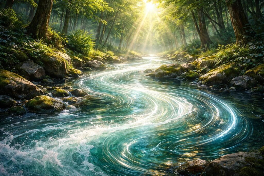 Ember gázol egy dübörgő patakban, érzelmi megújulás szimbóluma