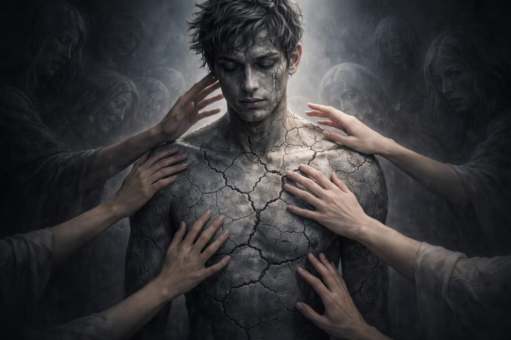 Kővé vált ember álmában, érzelmi befagyás jelképe