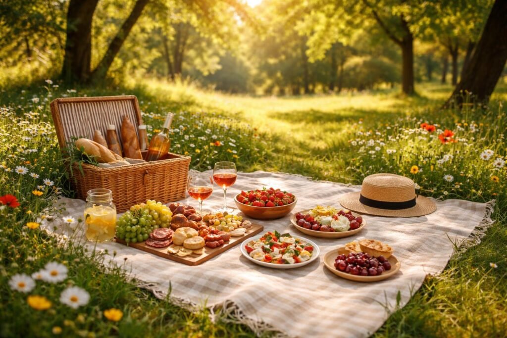 Napsütéses piknik, boldog emberek, természet, társaság, pihenés