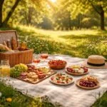 Napsütéses piknik, boldog emberek, természet, társaság, pihenés