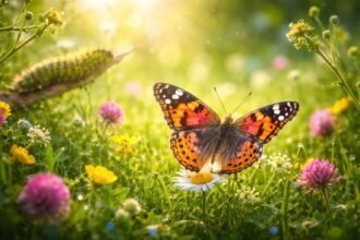 Tavaszi pillangó a virágok között egy gyönyörű metamorfózis szimbólumaként