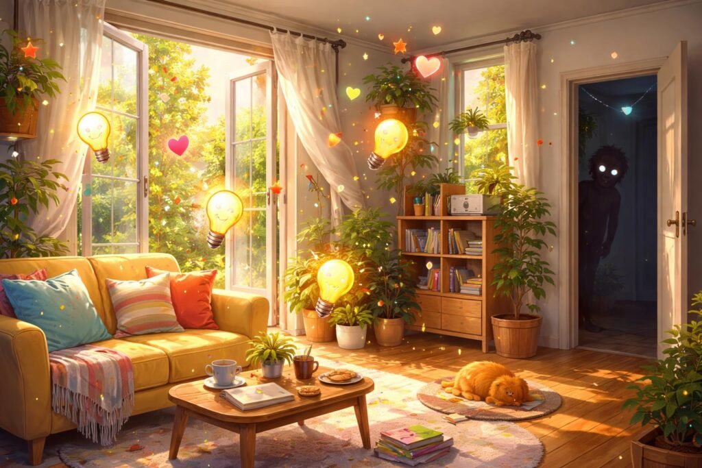 Kinyitott ablakok friss levegővel és napfénnyel egy modern házban