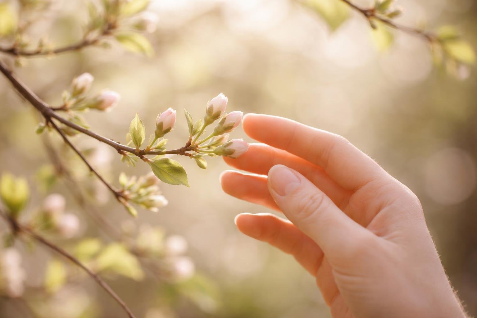 Rügyező fa ágait gyengéden simogató kézClose-up természetben