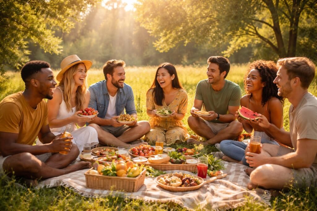 Emberek piknikeznek napsütésben, boldogan közösségben a szabadban
