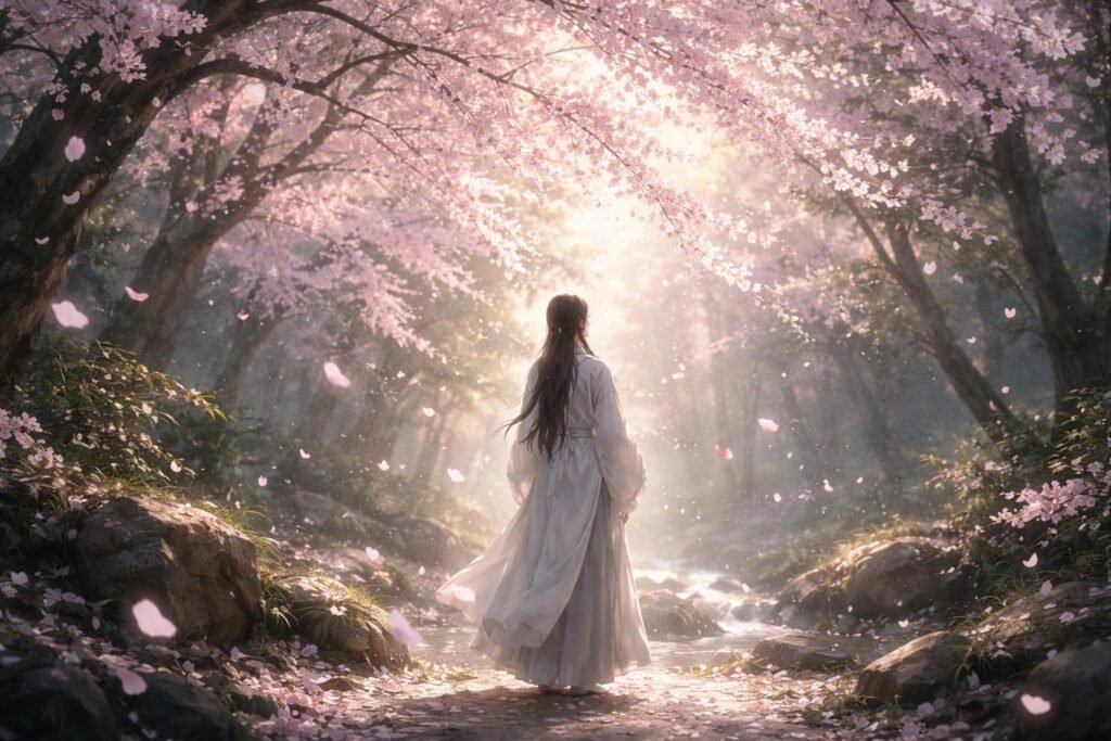 Spirituális üzenet cseresznyevirágok között tavasszal