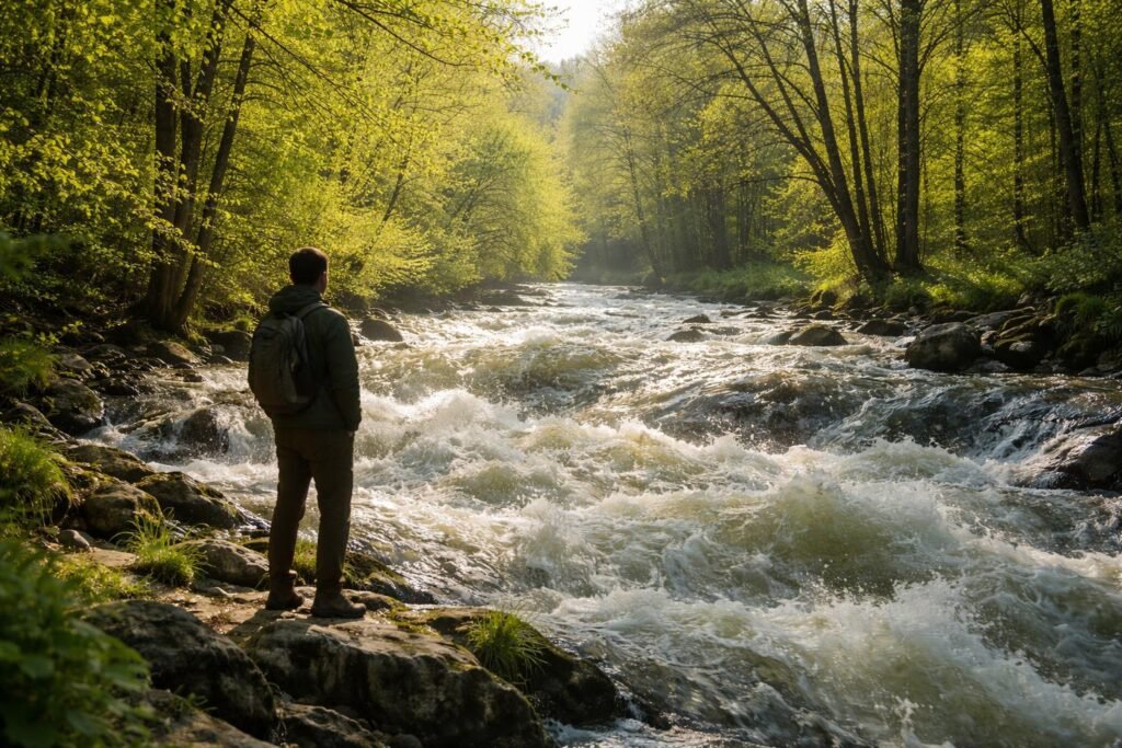 Tavaszi áradás a folyóparton, hullámzó víz és zöld part