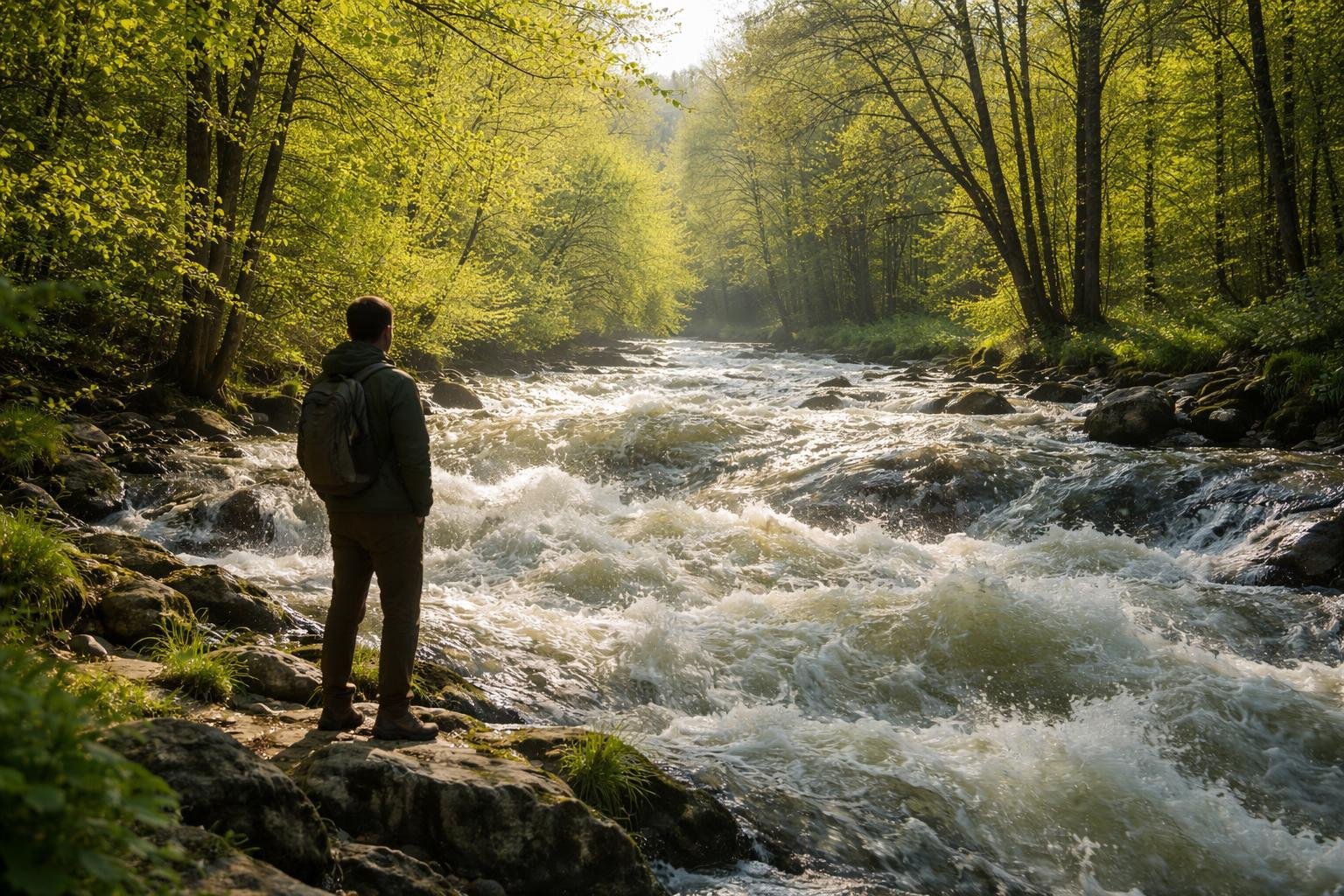 Tavaszi áradás a folyóparton, hullámzó víz és zöld part