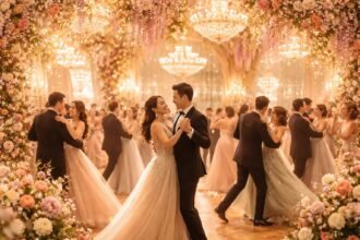 Tavaszi bálon táncoló fiatalok vidám, ünnepi hangulatban