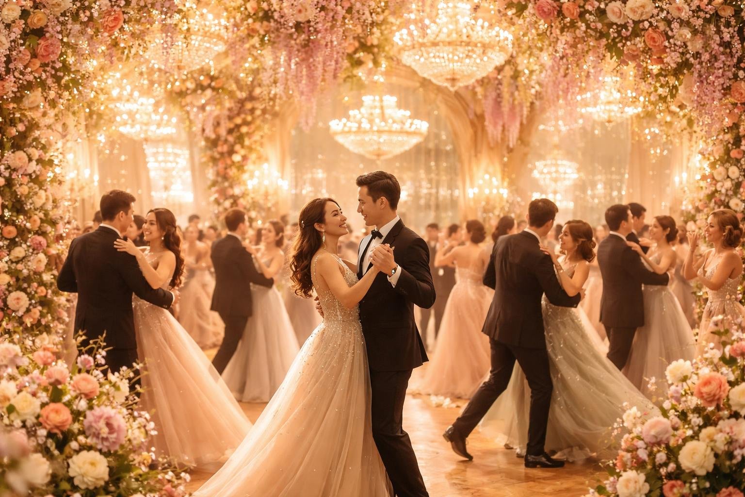 Tavaszi bálon táncoló fiatalok vidám, ünnepi hangulatban