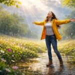 Tavaszi esőben nevető ember, felszabadult érzelmek és megújulás