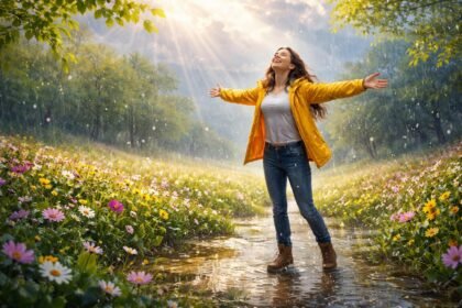 Tavaszi esőben nevető ember, felszabadult érzelmek és megújulás