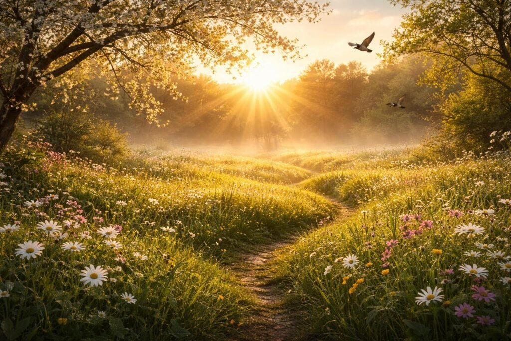 Tavaszi napfelkelte szimbolikus új kezdet és lelki ébredés