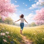 Fiatal nő szalad a szélben tavaszi réten, szabadság érzése.