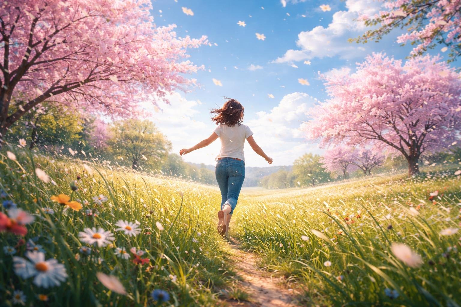 Fiatal nő szalad a szélben tavaszi réten, szabadság érzése.