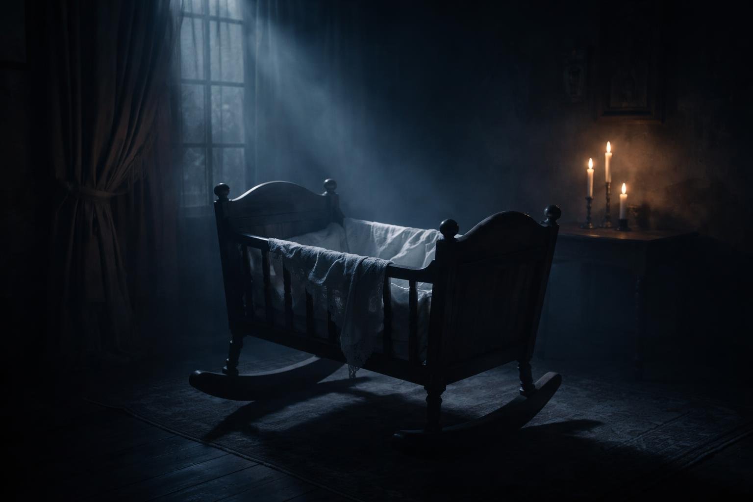 Üres bölcső a sötétben, veszteség és reménytelenség szimbóluma