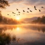 Vándormadarak repülnek vissza az égbolton, tavaszi hangulatban