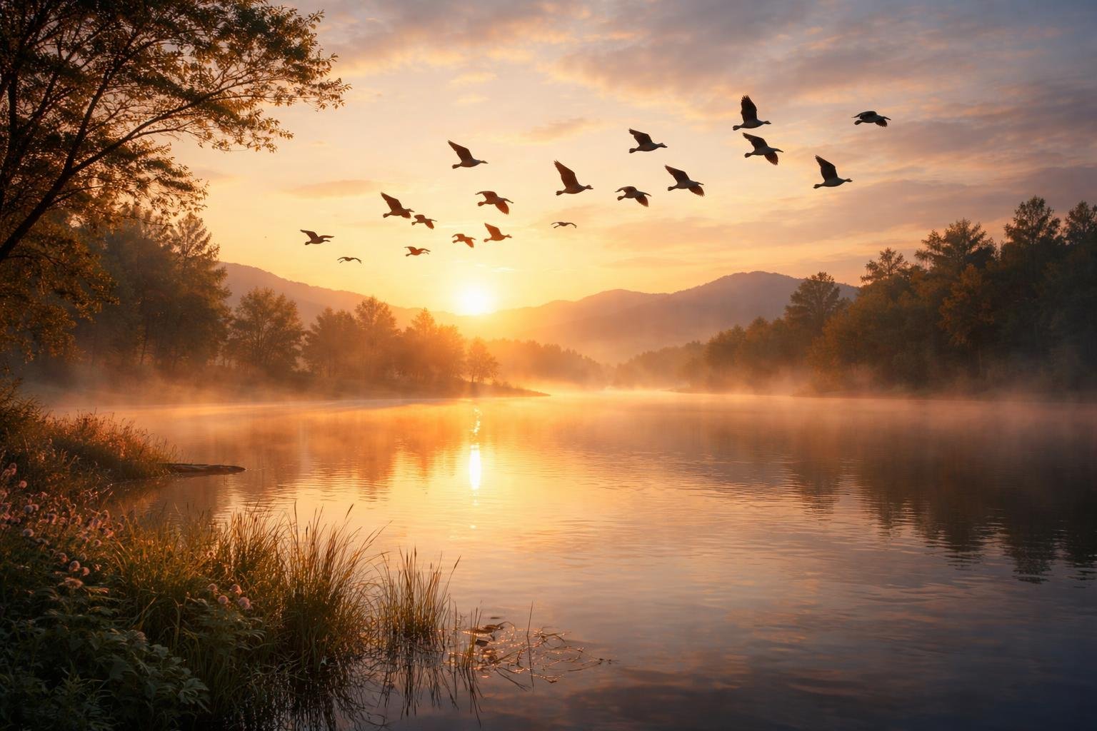 Vándormadarak repülnek vissza az égbolton, tavaszi hangulatban