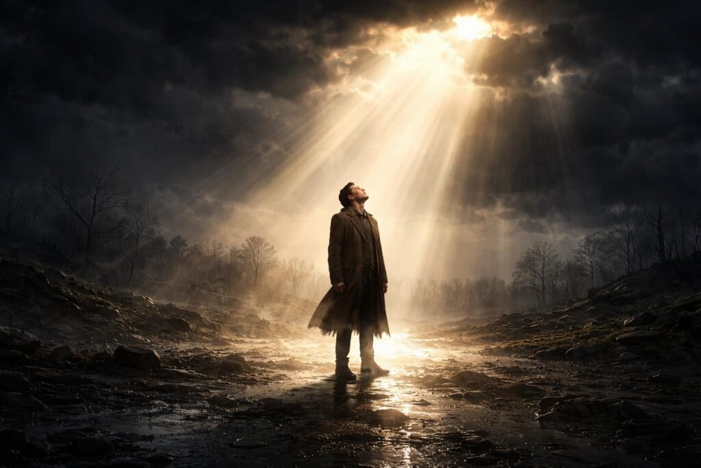 Váratlan napsütés egy sötét tájon, remény és megújulás jele