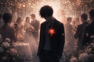 Vérző szívű ember magányosan áll a násznép között esküvőn