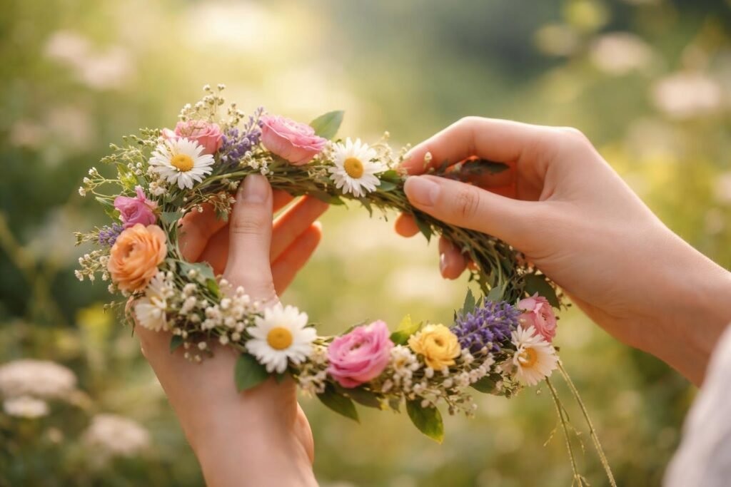 Virágkoszorút fonó kéz, természetes színekben, lelki harmónia jelképe