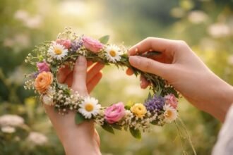 Virágkoszorút fonó kéz, természetes színekben, lelki harmónia jelképe