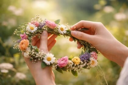 Virágkoszorút fonó kéz, természetes színekben, lelki harmónia jelképe