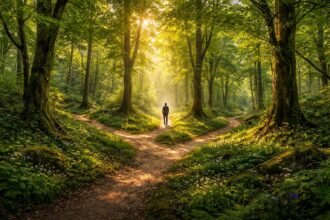 Elvarázsolt zöldellő erdő útvesztővel, bizonytalanság érzése