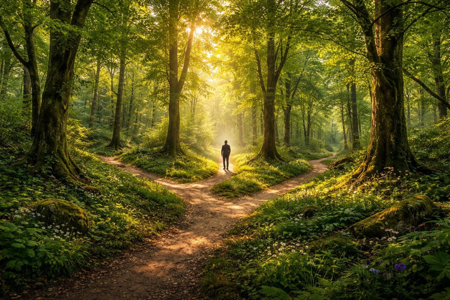 Elvarázsolt zöldellő erdő útvesztővel, bizonytalanság érzése