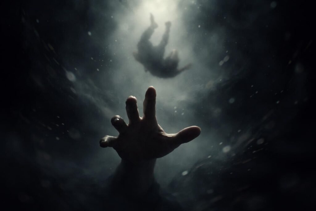 Egy kéz szorít egy másik kezét, miközben zuhanó alak körvonalai láthatók