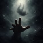 Egy kéz szorít egy másik kezét, miközben zuhanó alak körvonalai láthatók