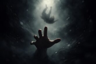 Egy kéz szorít egy másik kezét, miközben zuhanó alak körvonalai láthatók