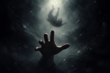 Egy kéz szorít egy másik kezét, miközben zuhanó alak körvonalai láthatók