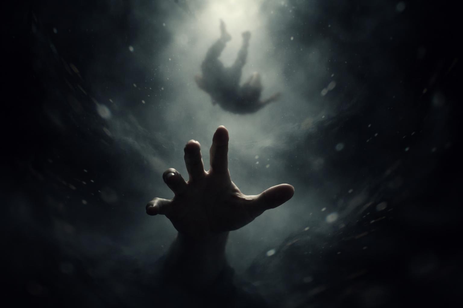 Egy kéz szorít egy másik kezét, miközben zuhanó alak körvonalai láthatók