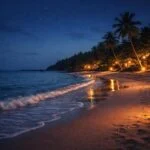 Esti strand látképe nyugodt, sötét ég alatt, hullámokkal