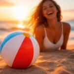 Strandlabdával játszó gyermek a napsütéses strandon