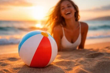 Strandlabdával játszó gyermek a napsütéses strandon