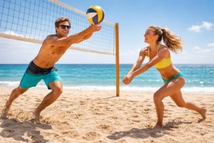 Egy fiatal nő játszik strandröplabdát napsütéses homokos pályán